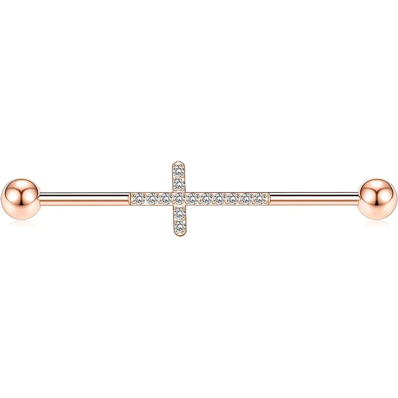 14G Surgical Steel Rose Gold with Cross CZ 1/2" Industrial Barbell