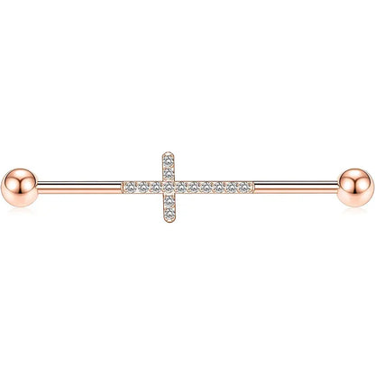 14G Surgical Steel Rose Gold with Cross CZ 1/2" Industrial Barbell