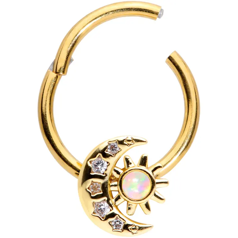 16G 3/8" White Synthetic Opal Gold-Tone Moon Hinged Segment Lip Ring