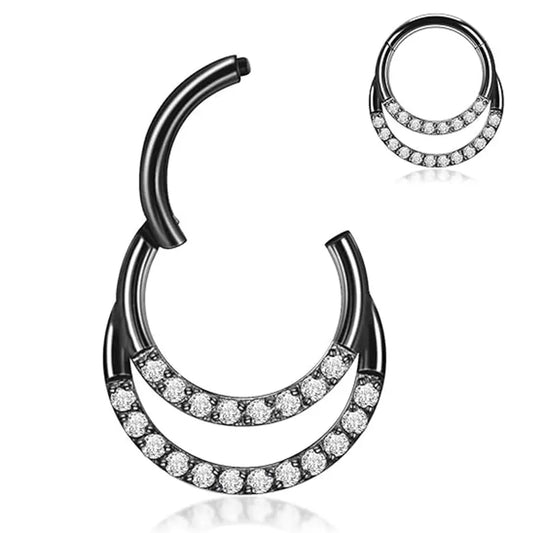 GAGABODY 16G Septum Jewelry Daith Piercing 316L Surgical Steel Hinged Nose Ring Seamless Hoop Earrings 10mm Body Jewelry for Women Black Conch Clicker Double Clear CZ