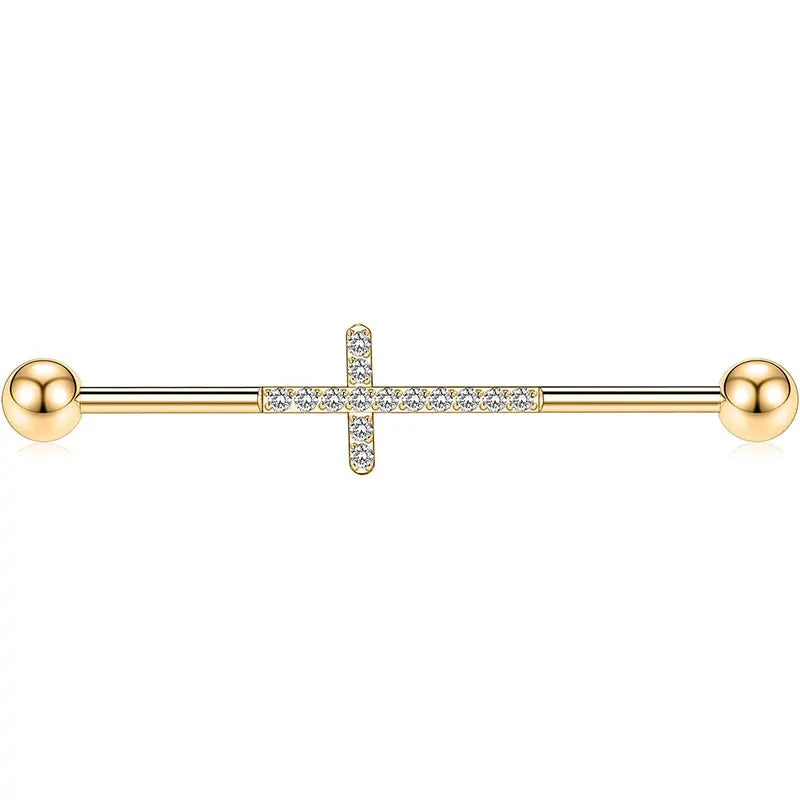 14G Surgical Steel 1/2" Gold Industrial Barbell with Cross CZ