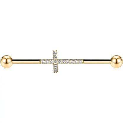 14G Surgical Steel 1/2" Gold Industrial Barbell with Cross CZ