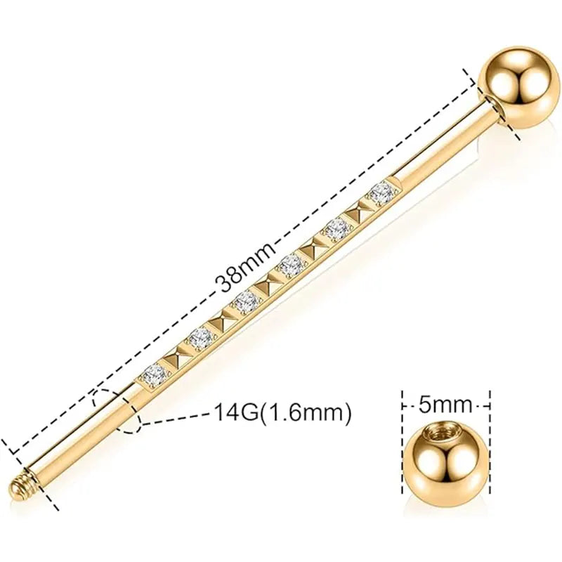 14G 1/2" Gold Surgical Steel Band Pyramid and CZ Industrial Barbell