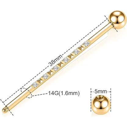 14G 1/2" Gold Surgical Steel Band Pyramid and CZ Industrial Barbell