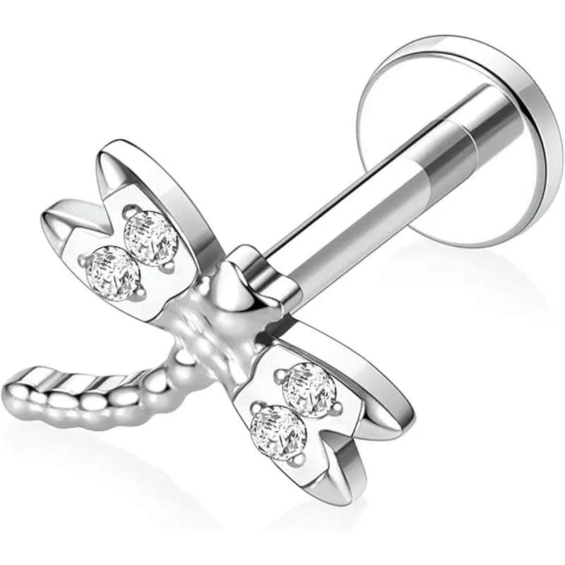 16G Titanium Silver Dragonfly Shape Internal Thread Lip Stud