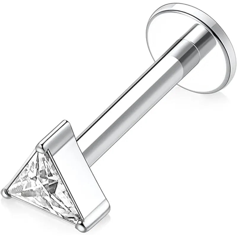 16G G23 Titanium Silver Triangle CZ Internal Thread Lip Ring