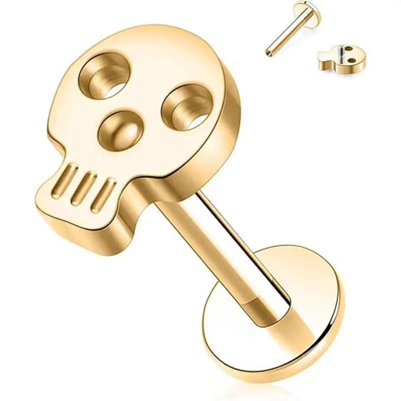 16G Titanium Gold Skull Internal Thread Lip Ring