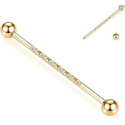 14G 1/2" Gold Surgical Steel Band Pyramid and CZ Industrial Barbell