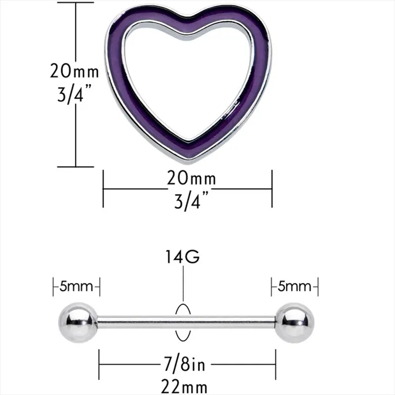 14G 5/8" Glow-in-the-Dark Purple Heart Valentine Nipple Shield Set