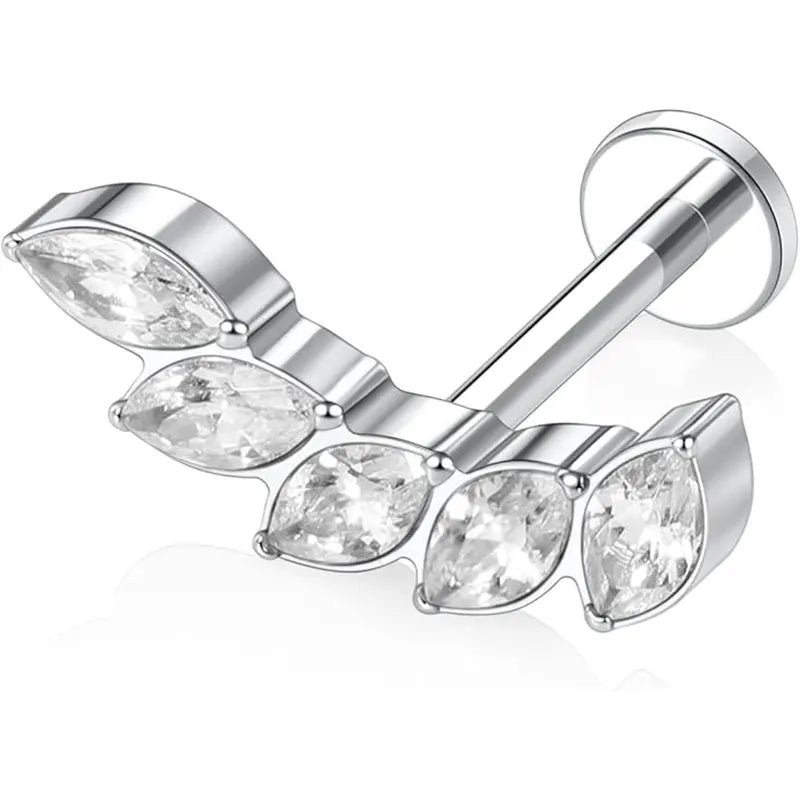 16G Titanium Silver Leaf CZ Internal Thread Lip Nail