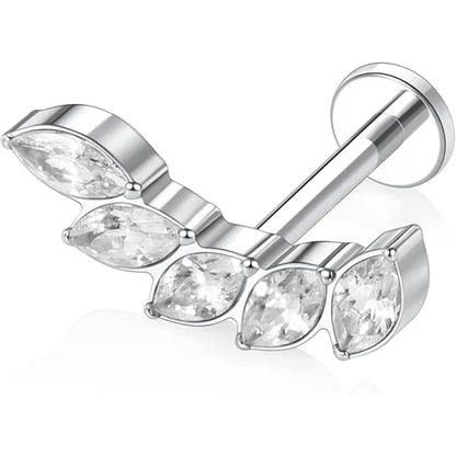 16G Titanium Silver Leaf CZ Internal Thread Lip Nail