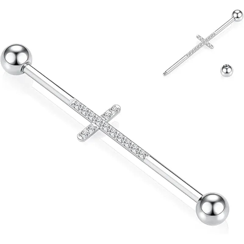 14G Surgical Steel Silver with Cross CZ 1/2" Industrial Barbell