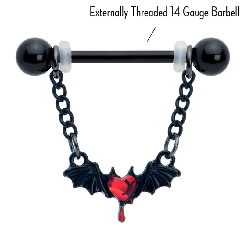 14G 9/16" Red Gem Black Bleeding Heart Bat Dangle Nipple Rings