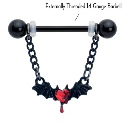 14G 9/16" Red Gem Black Bleeding Heart Bat Dangle Nipple Rings