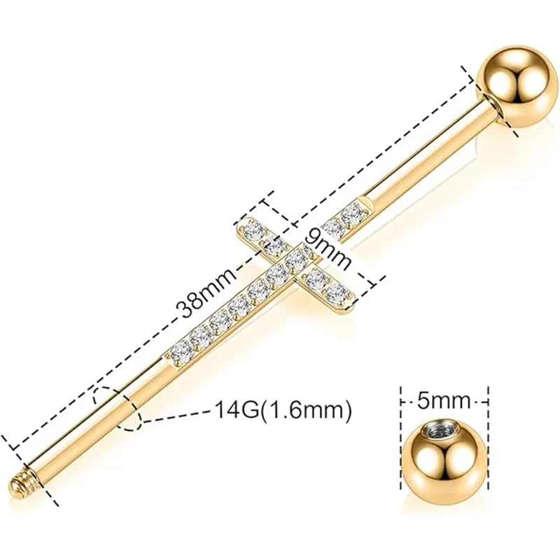 14G Surgical Steel 1/2" Gold Industrial Barbell with Cross CZ