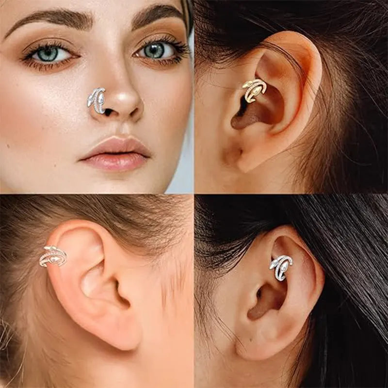 16G Double Ring Snake Band CZ Surgical Steel Nose Ring Earrings