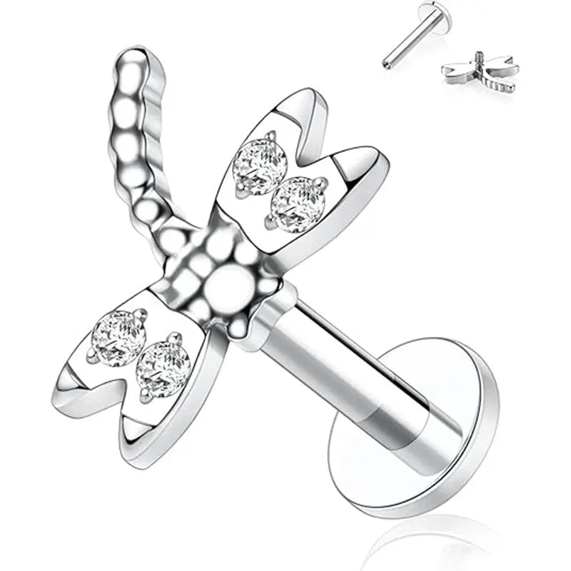 16G Titanium Silver Dragonfly Shape Internal Thread Lip Stud