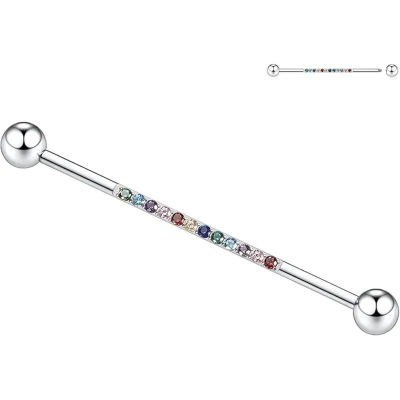 14G Surgical Steel 1/2" Silver Hybrid CZ Industrial Barbell