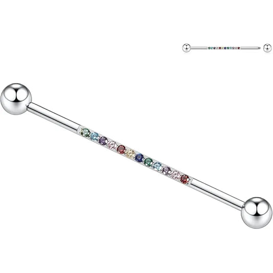 14G Surgical Steel 1/2" Silver Hybrid CZ Industrial Barbell