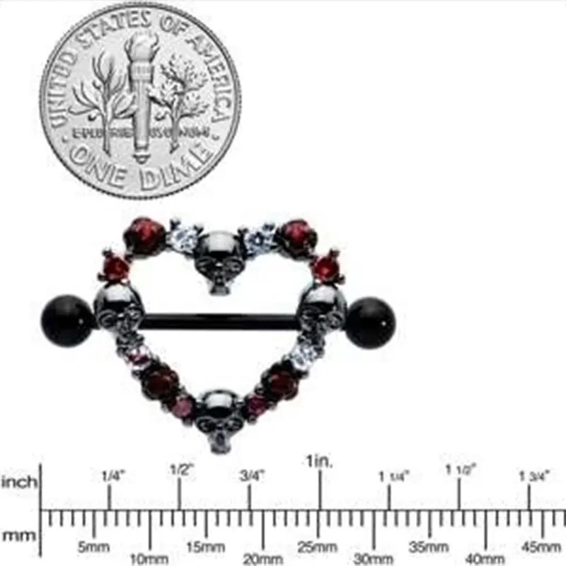 14G 7/8" Red CZ Gem Black Skull Heart Nipple Shield Set