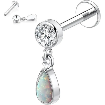 16G Titanium Water Drop Pendant Opal Internal Thread Lip Stud