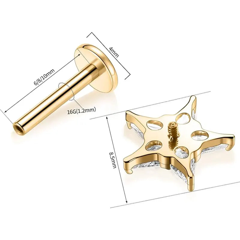 G23 Gold Large Five-pointed Star Zircon Nose Stud 1.2*6