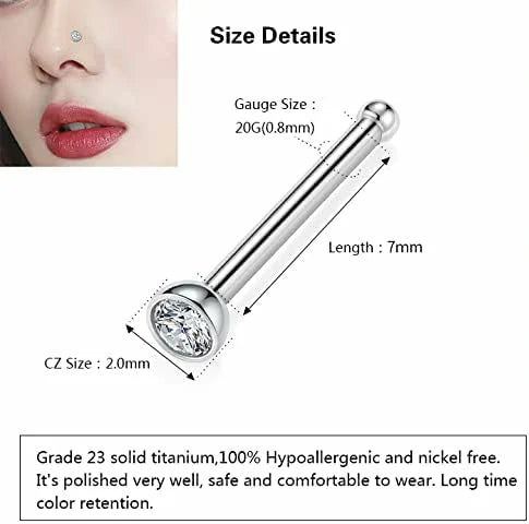 GAGABODY Grade 23 Titanium Bone Nose Rings for Women 4pcs 20 Gauge 7mm 20g Nose Stud Set Diamond Paved Piercing Jewelry for Nostril 2.0mm CZ Studs