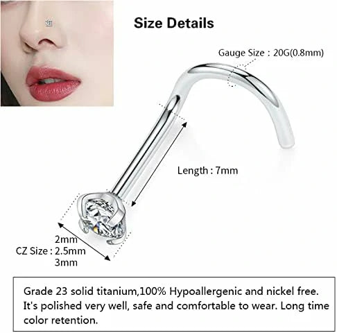 GAGABODY Nostril Piercing Jewelry 3pcs 20 Gauge 7mm G23 Titanium Screw Nose Rings for Women 20g Bone Shape Nose Stud Set Prong Set 2mm 2.5mm 3mm Diamond L Shape Piercing Jewelry for Nostril CZ Studs