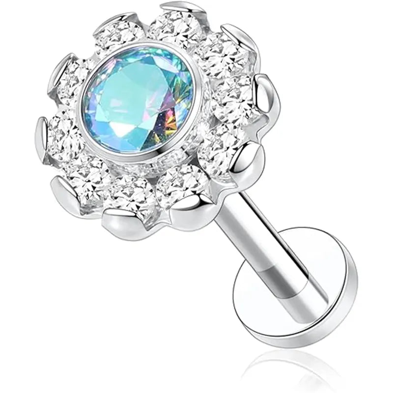 16G Titanium Flower CZ and Blue Internal Thread Lip Studs