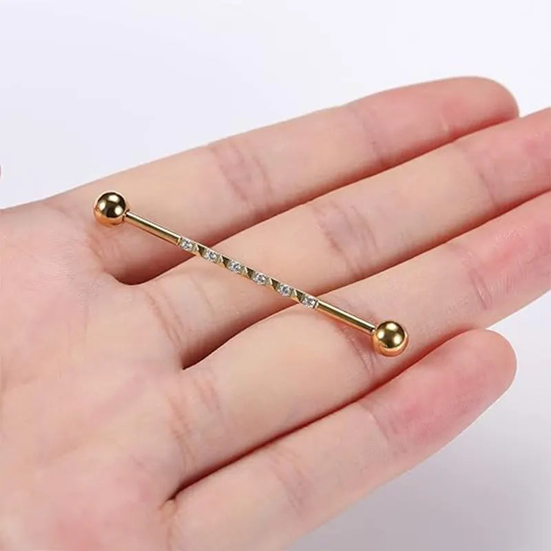 14G 1/2" Gold Surgical Steel Band Pyramid and CZ Industrial Barbell