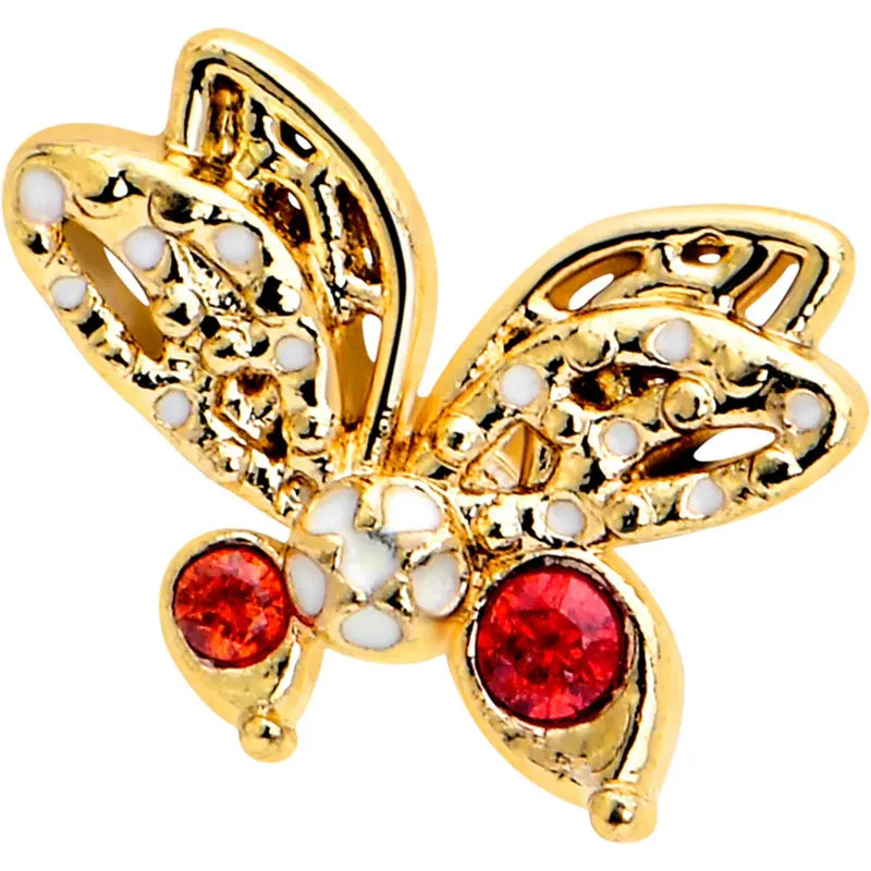 16G Red CZ Gem Gold Tone Butterfly Flatback Earring