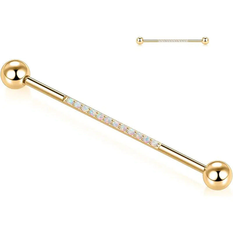 14G Surgical Steel 1/2" Gold Industrial Barbell with White Opal