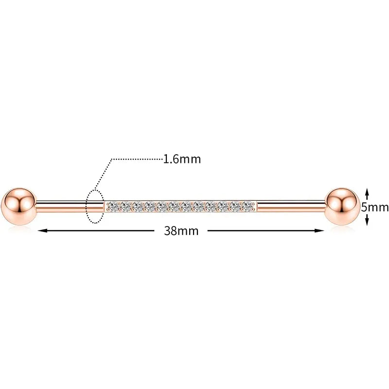 14G Surgical Steel with CZ Cartilage 1/2" Rose Gold Industrial Barbell