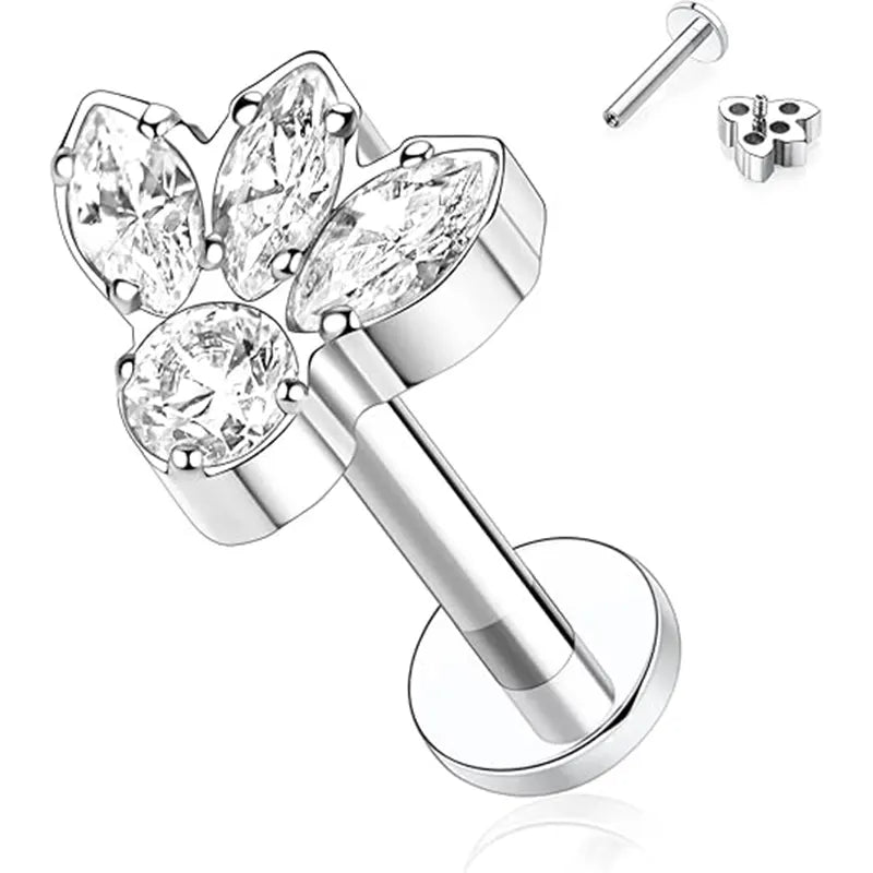 16G Titanium Silver Bee Shape CZ Internal Thread Lip Studs