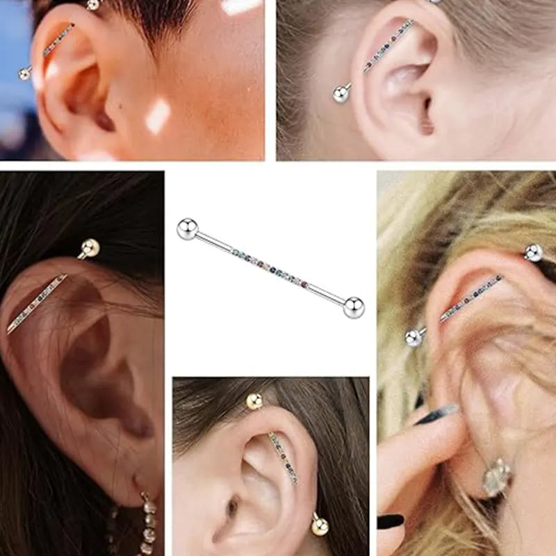 14G Surgical Steel 1/2" Silver Hybrid CZ Industrial Barbell