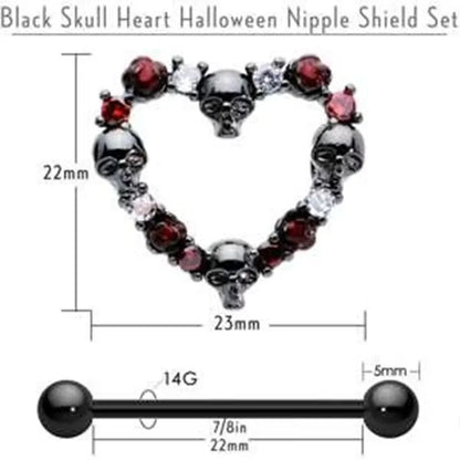 14G 7/8" Red CZ Gem Black Skull Heart Nipple Shield Set