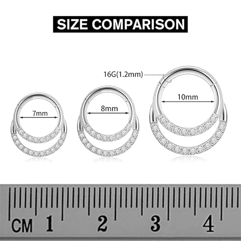 GAGABODY 16G Septum Jewelry Daith Piercing 316L Surgical Steel Hinged Nose Ring Seamless Hoop Earrings 10mm Body Jewelry for Women Conch Clicker Double Clear CZ Silver