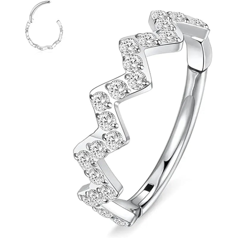 16G Zigzag Band CZ Medical Steel Hoop Earrings Nose Ring