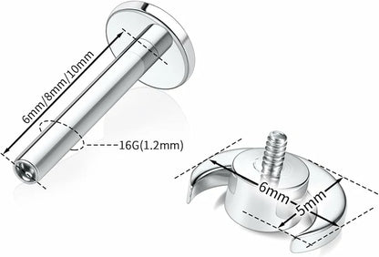 GAGABODY G23 Titanium 16G 6/8/10mm Clear CZ/Opal Internally Threaded Labret Monroe Lip Studs 6mm Helix Cartilage Tragus Earring Piercing