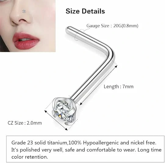 GAGABODY Nose Rings Studs 20G Nostril Piercing Jewelry Grade 23 Titanium L Shape Nose Rings for Women 7mm 3pcs 20g Prong Set Diamond Nose Stud Rings Silver 20 Gauge 2mm CZ&OPAL Nose Jewelry