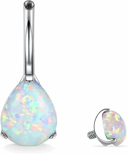 GAGABODY 14G Belly Piercing Jewelry White Opal G23 Titanium Barbell Internally Threaded Belly Silver Body Piercing Ring 3/8" Body Jewelry Belly Rings Water Droplets Belly Button Rings