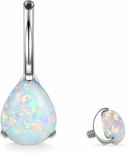 GAGABODY 14G Belly Piercing Jewelry White Opal G23 Titanium Barbell Internally Threaded Belly Silver Body Piercing Ring 3/8" Body Jewelry Belly Rings Water Droplets Belly Button Rings