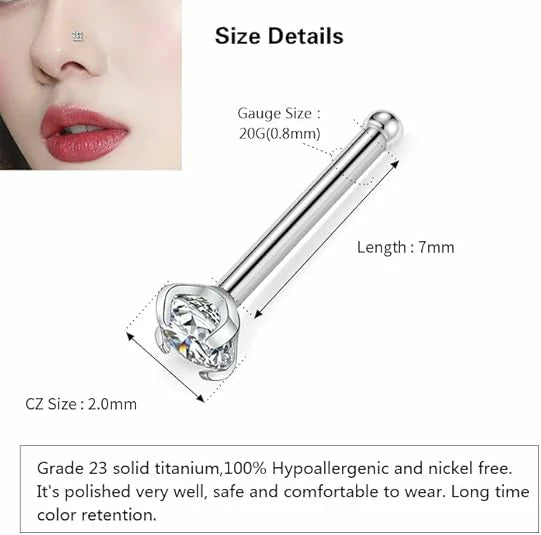 G23 Titanium Bone Nose Rings 20g Prong Set 2mm CZ and Opal 3pcs Nose Stud Rings 7mm Nostril Piercing Jewelry 20 Gauge Bone Shape Nose Jewelry for Women Diamond Paved Piercing Jewelry for Nostril