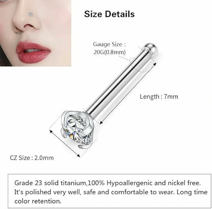 G23 Titanium Bone Nose Rings 20g Prong Set 2mm CZ and Opal 3pcs Nose Stud Rings 7mm Nostril Piercing Jewelry 20 Gauge Bone Shape Nose Jewelry for Women Diamond Paved Piercing Jewelry for Nostril