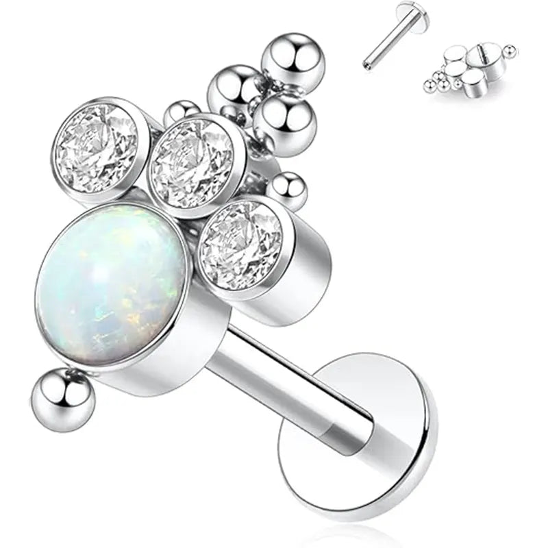 16G Titanium Silver with Opal CZ Lip Studs