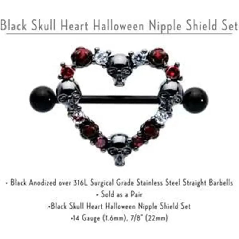 14G 7/8" Red CZ Gem Black Skull Heart Nipple Shield Set