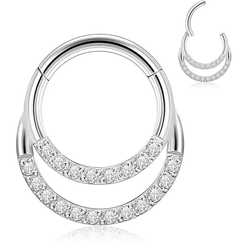 GAGABODY 16G Septum Jewelry Daith Piercing 316L Surgical Steel Hinged Nose Ring Seamless Hoop Earrings 10mm Body Jewelry for Women Conch Clicker Double Clear CZ Silver