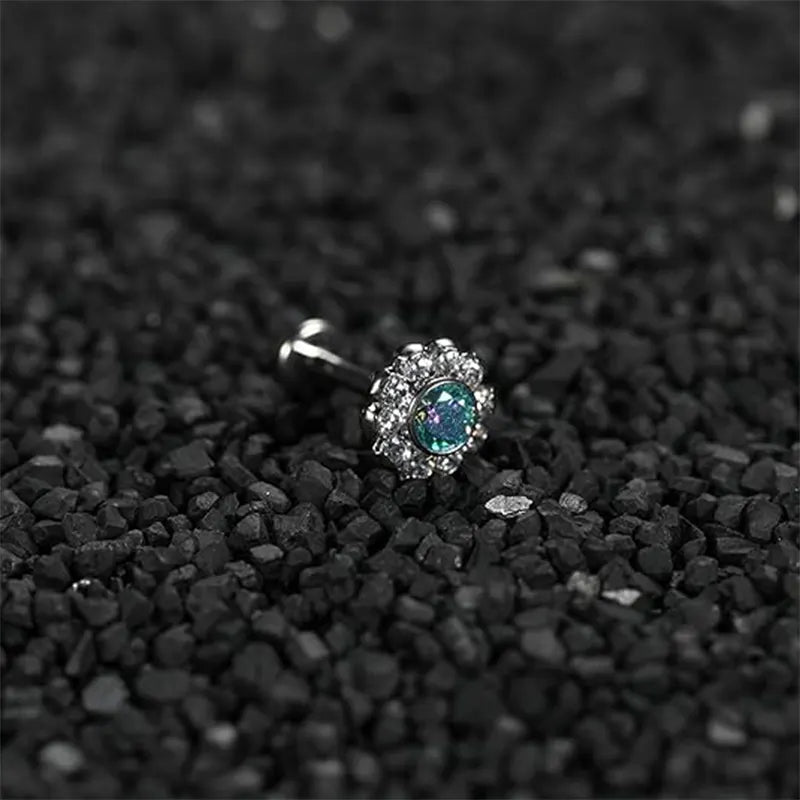 16G Titanium Flower CZ and Blue Internal Thread Lip Studs