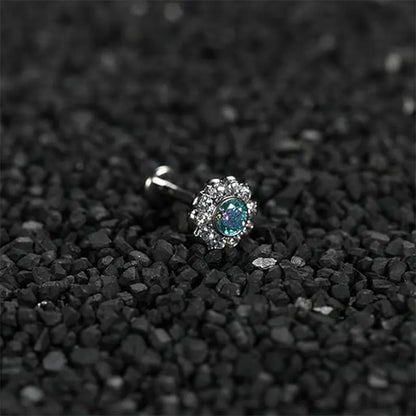 16G Titanium Flower CZ and Blue Internal Thread Lip Studs