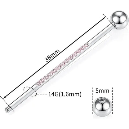 14G 1/2" Silver Surgical Steel with Pink CZ Industrial Barbell